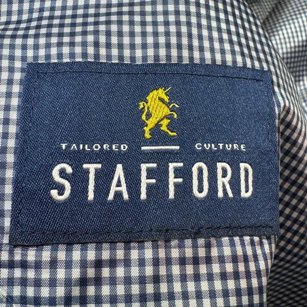 Stafford 48R Navy‎ Blue Gold Buttons Blazer Jacket Sport Suit Coat Wool Gingham